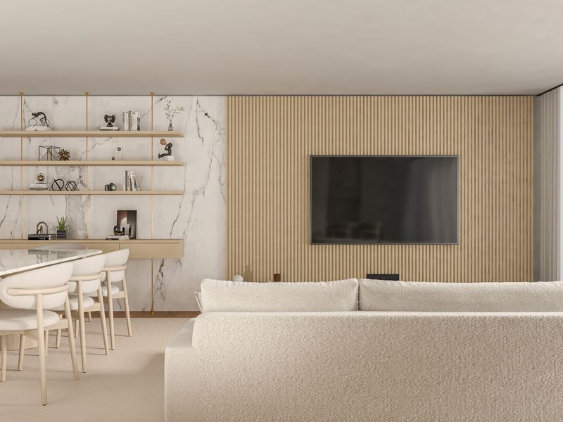 Sala com painel ripado de madeira e nicho embutido
